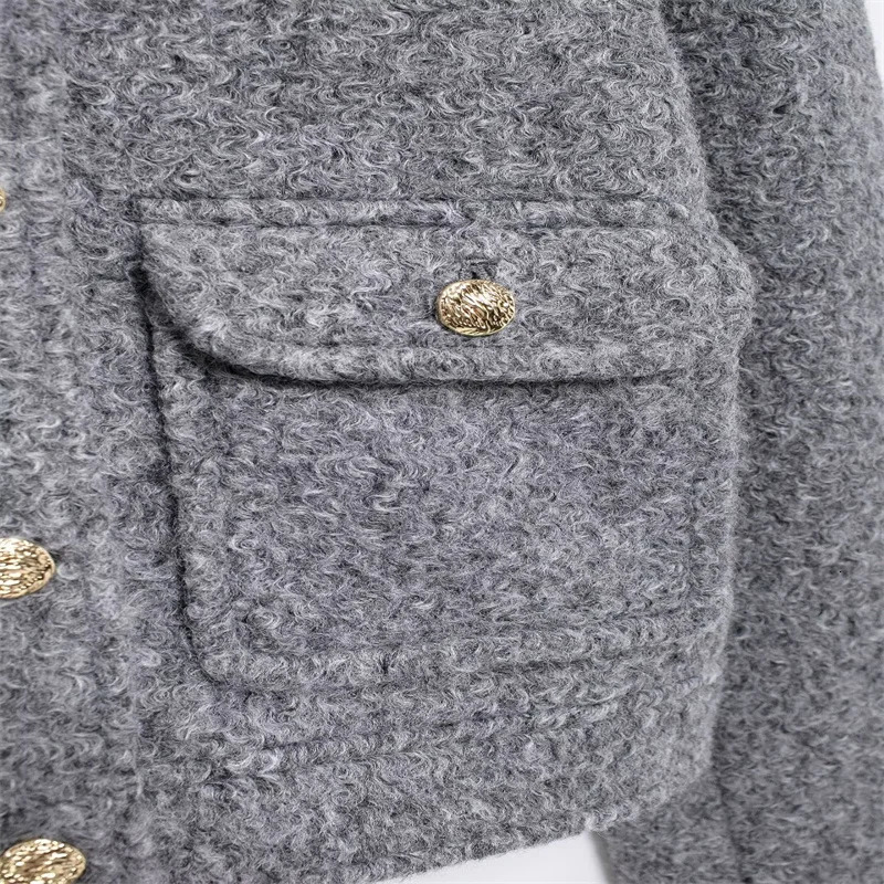 Autumn womens coarse woolen jacket long sleeved round neck short button pocket jacket elegant womens jacket 241023