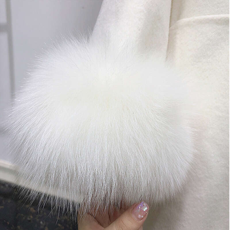 Rose New Double-Sided Cashmere Sheepwool Fox Collar Long Female Slim Hooded Real Fur Wool Coat Fashion Loose Winter