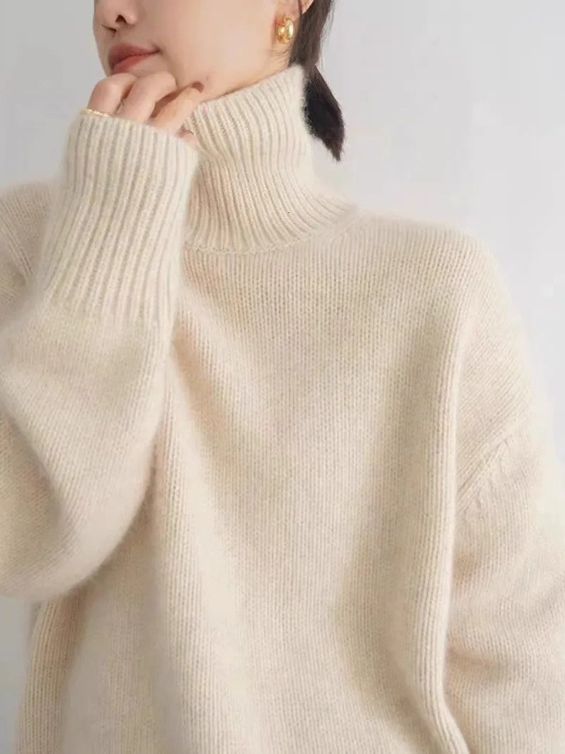 Autumn/Winter Thick Cashmere Sweater Womens High Collar Pullover Sweater Warm Loose Knitted Bottom Sweater Top 241022