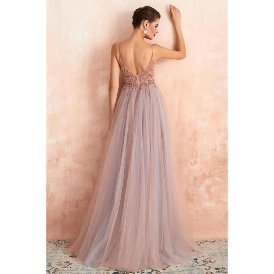 A E Tulle Modern Prom Dresses Sexy Spaghetti Straps Front Slit Long Evening Party Gowns Open Back Bridesmaids Wears Bc18028 vening