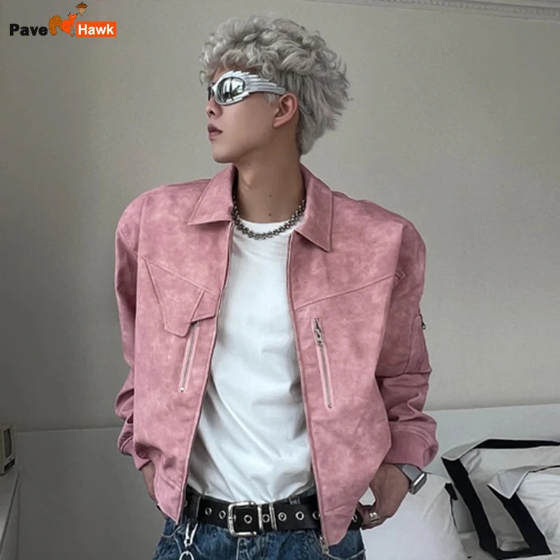 Mens Cropped PU Leather Jacket Fashion Turndown Collar Gradient Color Retro Coat Zipper Motorcycle Outwear Spring Pink 241010