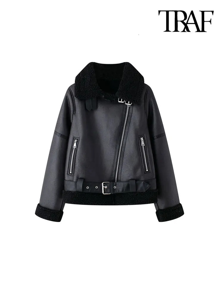 TRAF Womens Thick Warm Suede Jacket with Belt Long Sleeve Coat Artificial Cut Womens Wear Fashion Top Winter Fashion 241023