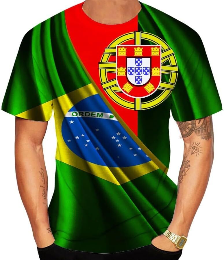 Mens T shirt Fashion Portugal and Brazil Flag 3D T Shirt Men Women Casual Round Neck Short Sleeve Sports T-shirt tee Casual tops summer clothes