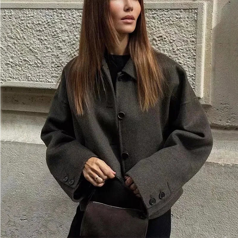 Autumn and winter womens short jacket coarse woolen jacket zipper crop half season jacket womens jacket 241023