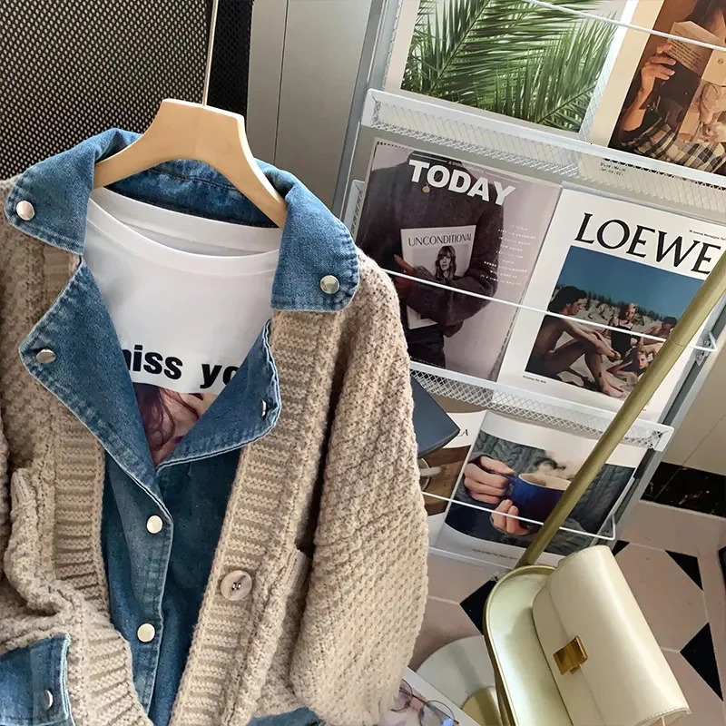 Fat mm200 Pounds Vintage Denim Patchwork Sweater Coat ins Fashion Woman Autumn and Winter Thickened Loose Niche Cardigan 241021