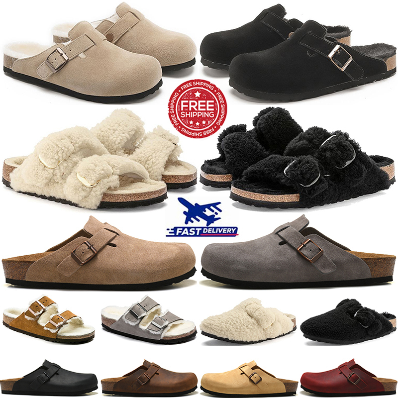 Free shipping designer sandals womens fur fluffy slippers slides slipper clog bostonclogs Suede Leather Buckle Strap flip flops mens sandale platform clogs flats