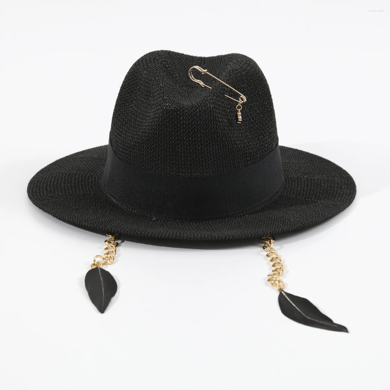 Berets 2025 Feather Chain Sun Straw Hats For Women Fashion Pin Ladies White Black Party Summer Beach Hat Wide Brim