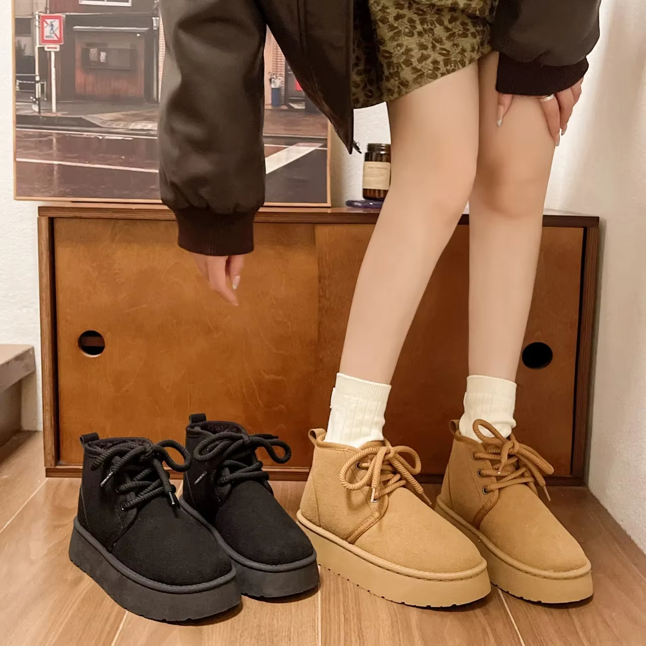 Womens Winter New Inside Heightening And Veet Fashion Snow Casual Warm Cotton Womens Short Boots Platform Shoes
