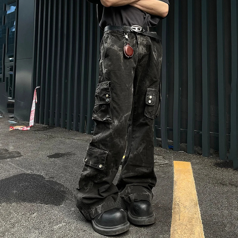 PFNW Dark Mens Denim Pants Tie Dye Multi Pocket Bottom Straight Wide Leg Boots Cut Mens Jeans Autumn 12C648 241022