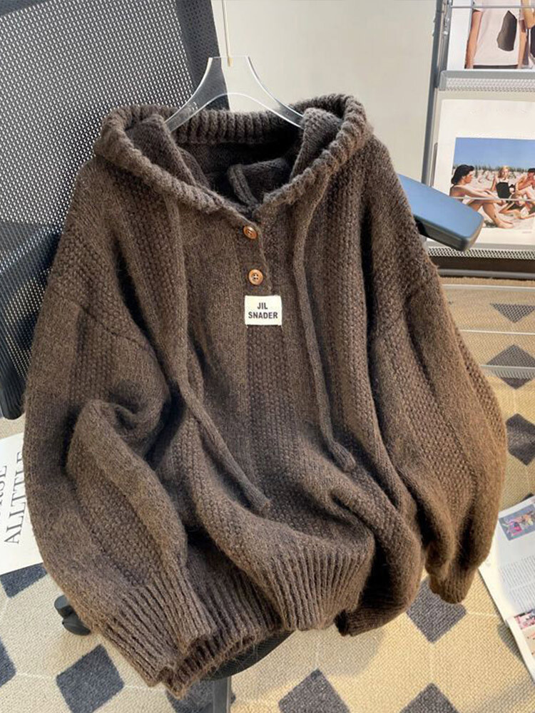 Korean Loose Solid Hooded Sweater Women Casual Knitted Buttons Soft Pullover Sweaters Female Autumn Chic Daily Warm Streetwear