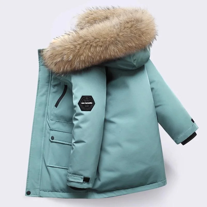 Childrens Down Cotton Jacket Boys Winter Thickened Large Fur Collar Coat 2024 Kids Warm Hooded Outerwear Teenager Clothing 241022