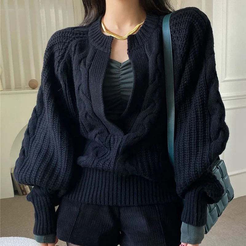 Rimocy Korean Fashion Deep V Neck Knit Sweater Women Twist Balloon Sleeve Sweaters Woman Solid Color Loose Chic Pullover Female 241021