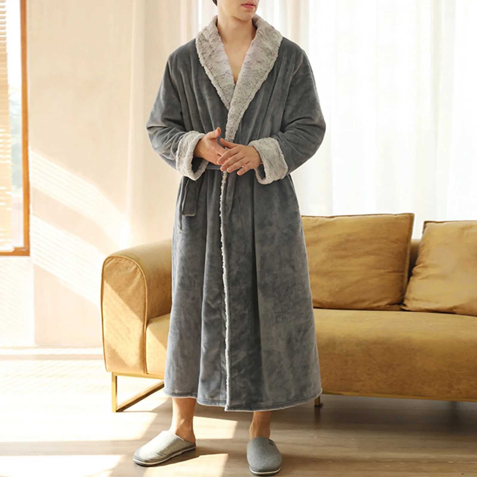 Mens Coral Velvet Couple Bathroom Autumn Extra Thick Long Flannel Sleepwear Warm Kimono Bathrobe Spwear W241023