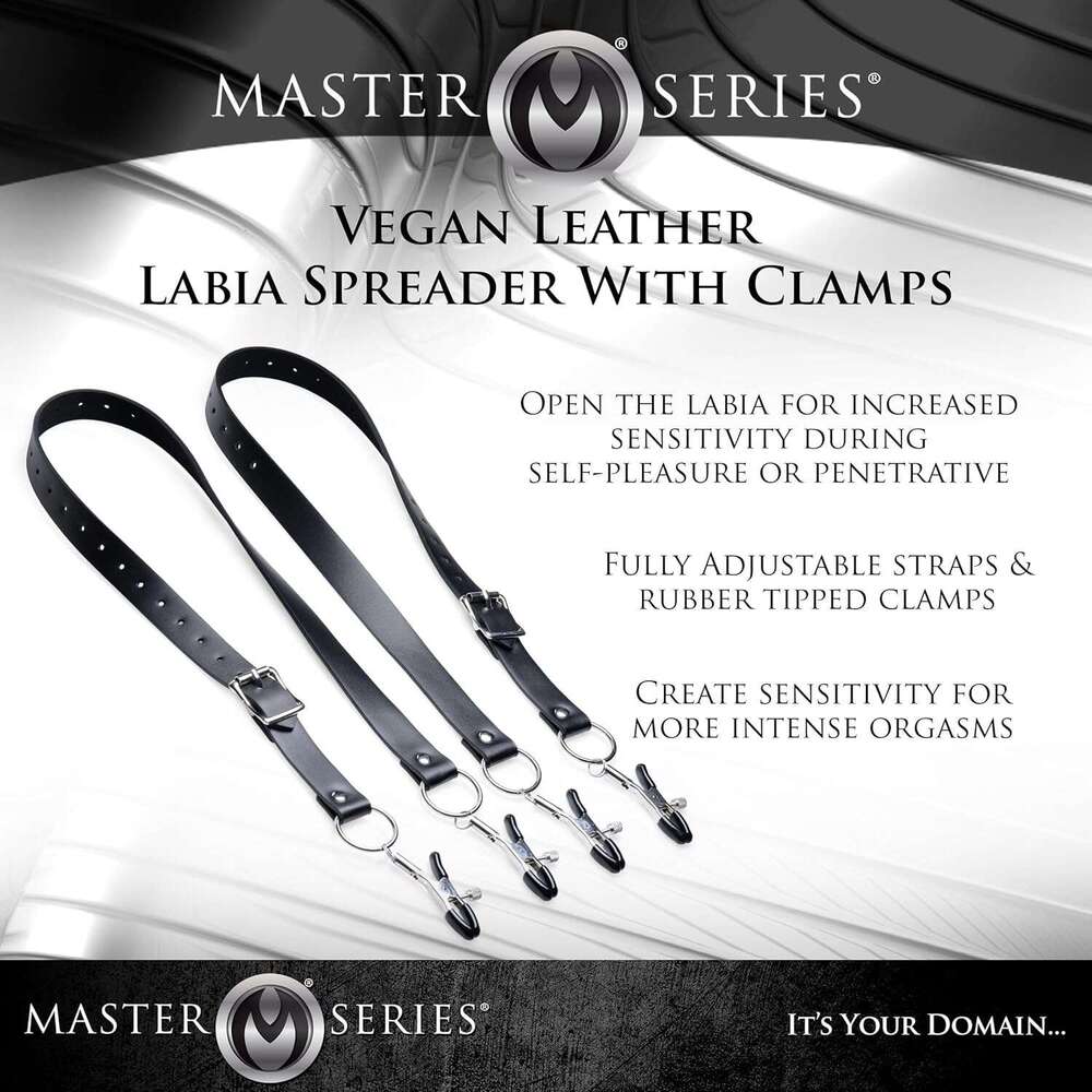 Master Series Spread XL Labia Spreader Straps | Vegan Friendly Leather Straps and Rubber Tipped Pinchers to Spread Your Lips Open, Black (AG465)