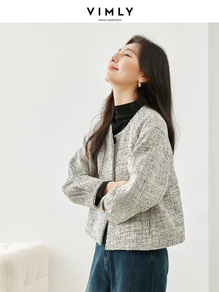 Vimly Plaid O-neck Cropped Coarse Felt Jacket Winter Thick Warm Loose Quilted Coat Office Womens Elegant Womens M5332 241023