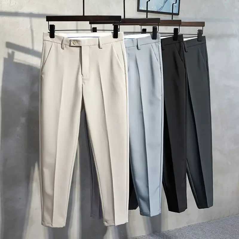 9 Cropped Man Suits Pants White Trousers for Men Fluid Draped High Quality Luxury Korean Style Clothes Spandex Summer 2024 CheapX241023