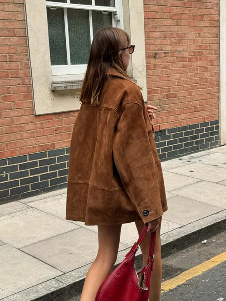 Retro brown suede womens jacket solid color single corset jacket autumn casual loose womens jacket 241023