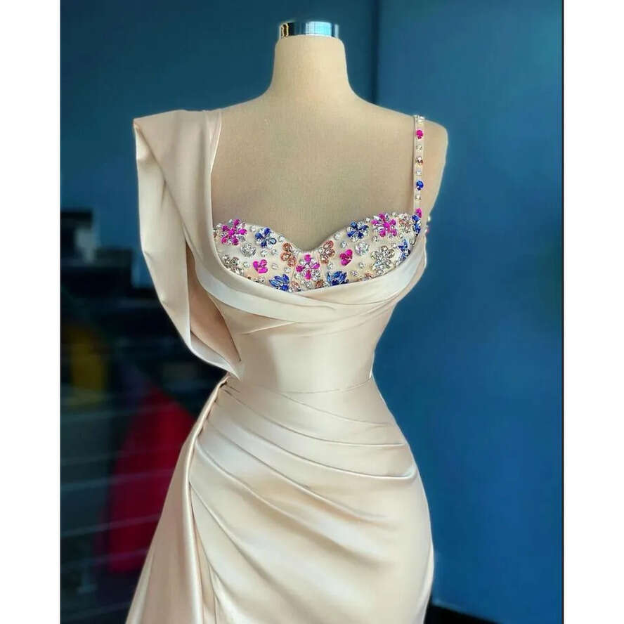 Mermaid Stic Champagne Gold Evening Dresses With Crystals Beads Cap Sleeve Pleats Ruffles Long Party Ocn Gowns Prom Dress Wears Bc13128