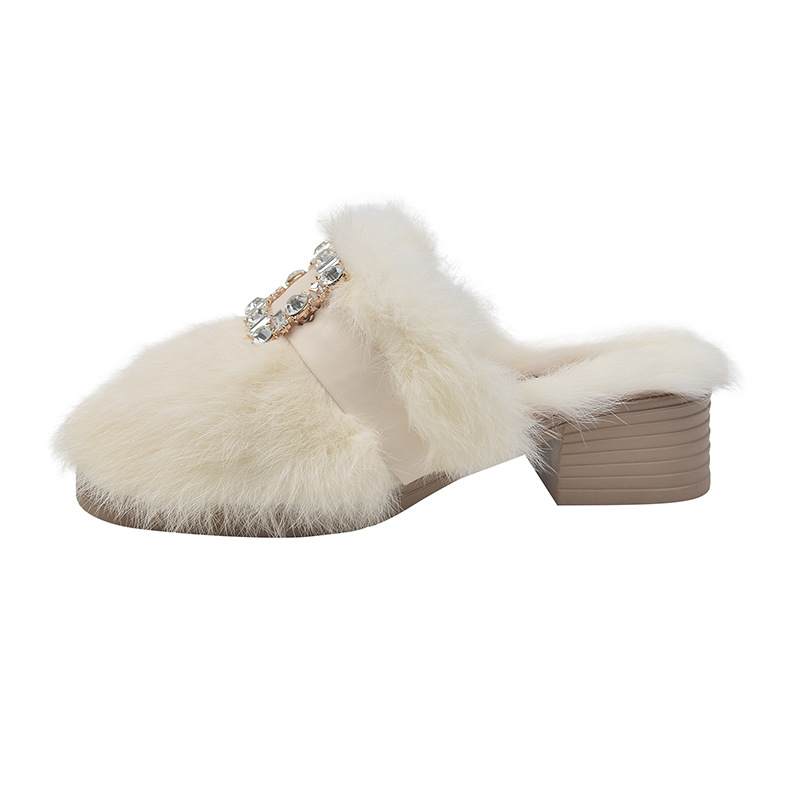 Autumn Winter Korean Version Rhinestone Square Buckle Thick Heel Plush High-heeled Slippers