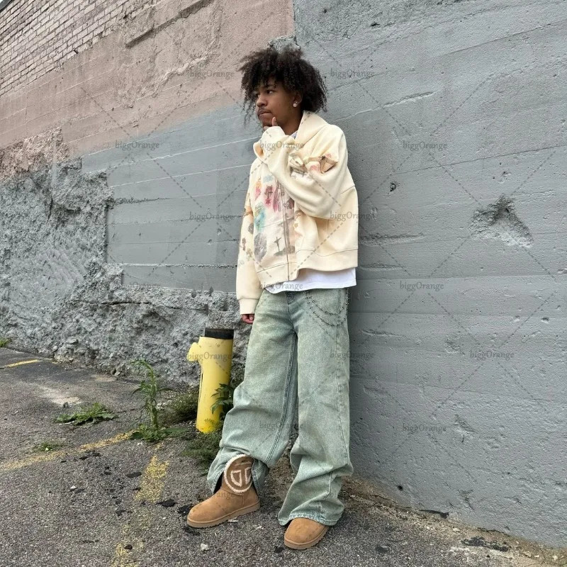 American retro casual oversized sportswear Harajuku punk cross print zipper hoodie mens street trend clothing jacket 241023