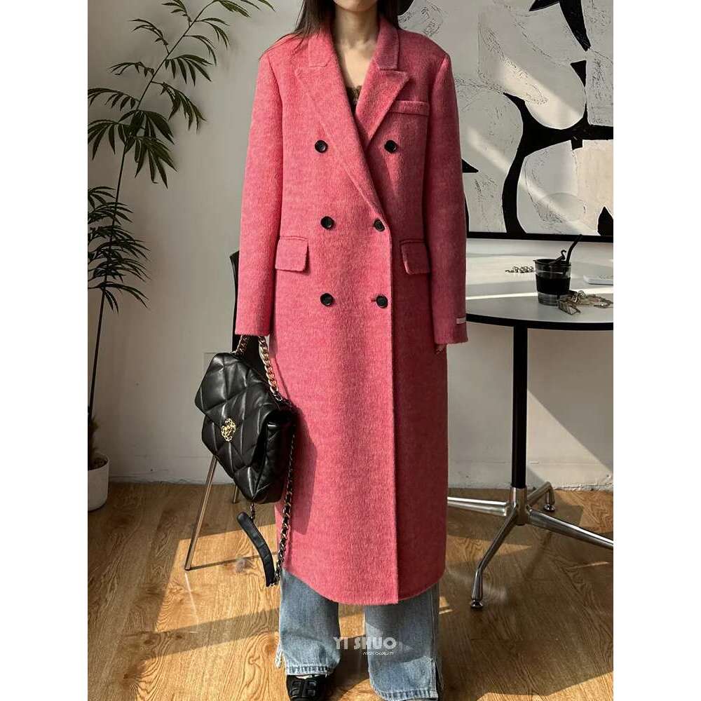 Rose Double-Sided Cashmere Rose Red Long Fashion Suit Collar Double-Breasted Wool Coat Women 2024 New Winter