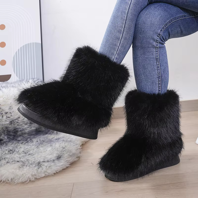 Boot Fur Womens Winter Snow Women Ski Fluffy Hairy Lace Up Middle Calf Platform Flat With White Cotton Boots