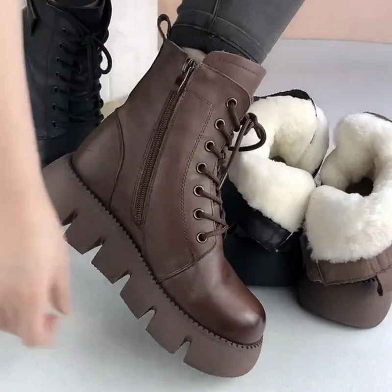 New womens snow boots retro round toe warm plush lace sole non slip thick soled short boots 241020
