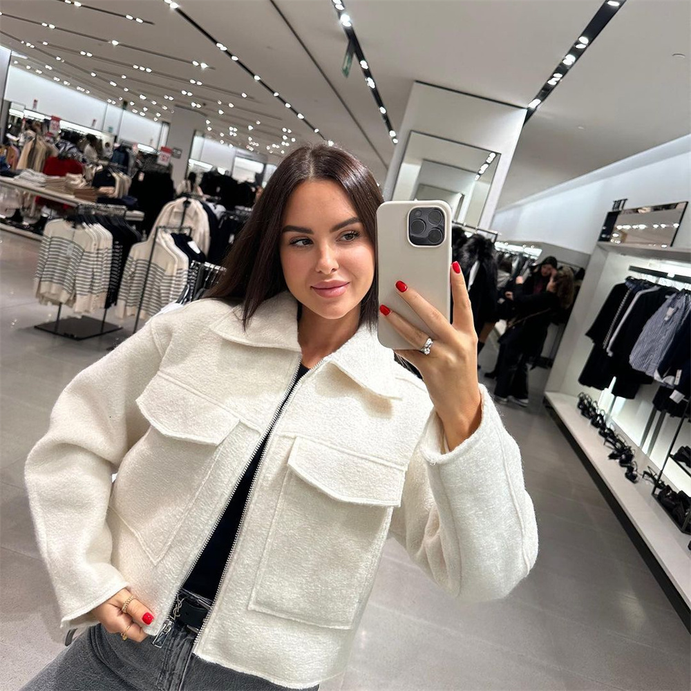 Unizera2024 Spring New Product Women's Simple Flip Collar Patch Bag Decoration Bead Leather Zipper Jacket Woolen Coat