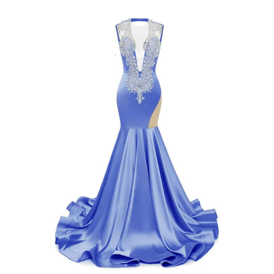 Blue Mermaid Prom Royal Dresses Sexy Sheer V Neck Beads Crystals Ruffles Long Evening Gowns Cutaway Sides Women Ocn Dress Bm3502
