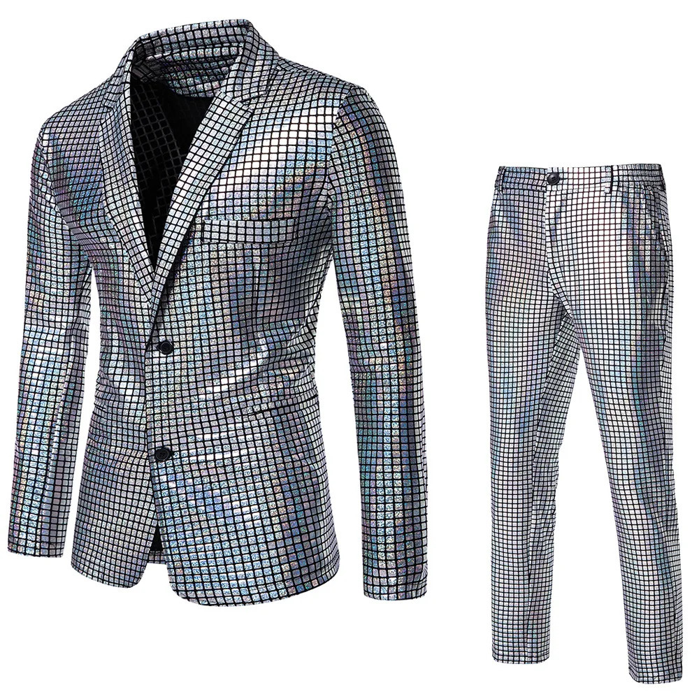 Fashion mens sequin stamping set disco role-playing party stage nightclub shiny cool performance set size S-3XL 241023