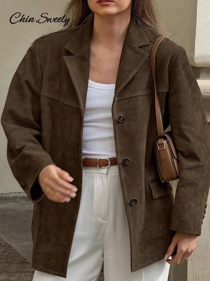 Womens suede jacket loose collar single chest long sleeved pocket jacket womens autumn fashion jacket 241023