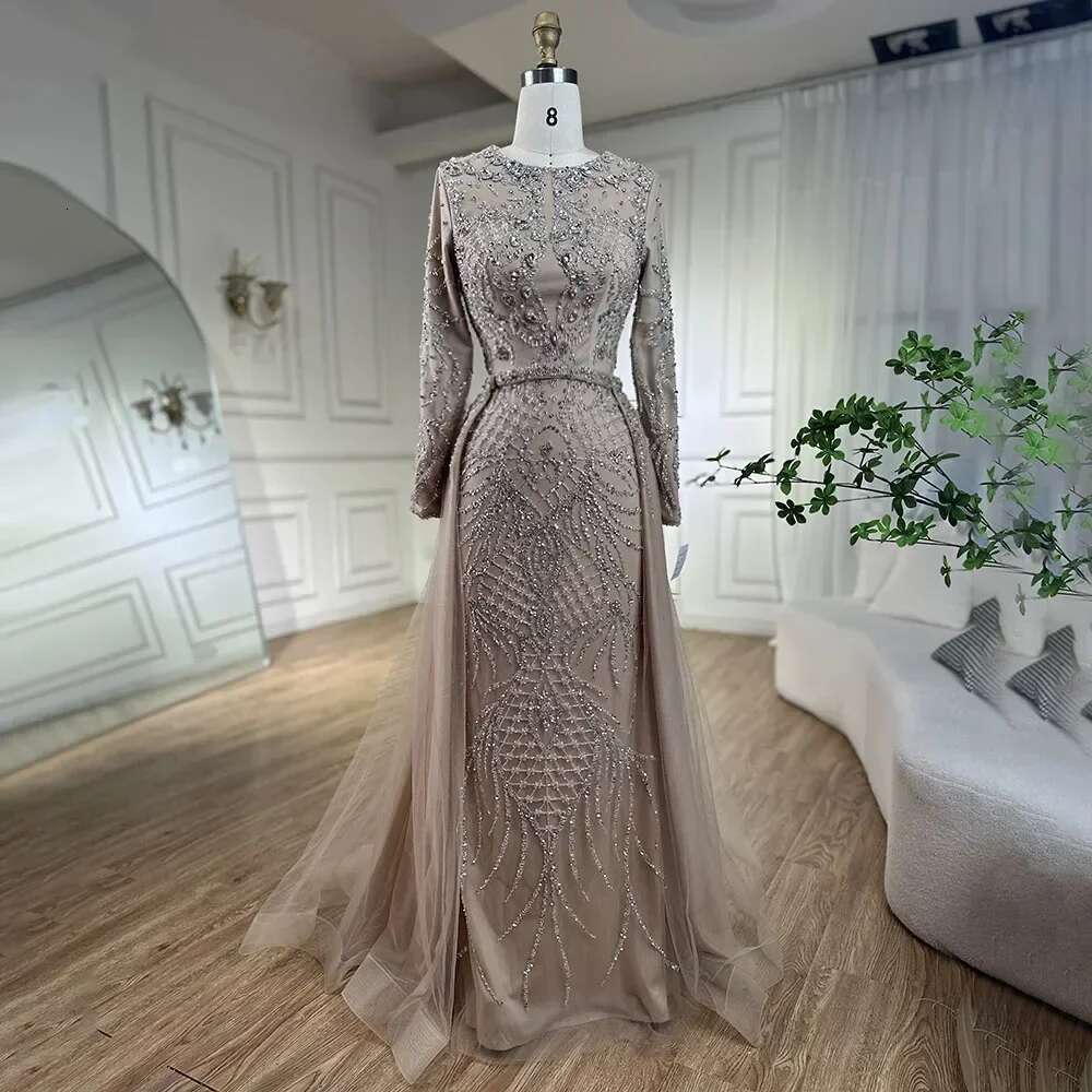 Muslim Serene Hill Sier Nude Mermaid Gown With Detachable Overskirt Beaded Evening Dress For Women Party 2024