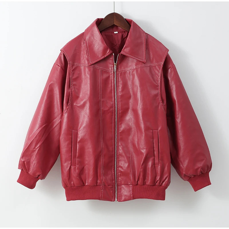 Women's Jackets Women Zipper Leather Bomber Coats Oversized Contrast Stitch Lapel Long Sleeve Jacket Motorcycle Autumn Outwear Tops