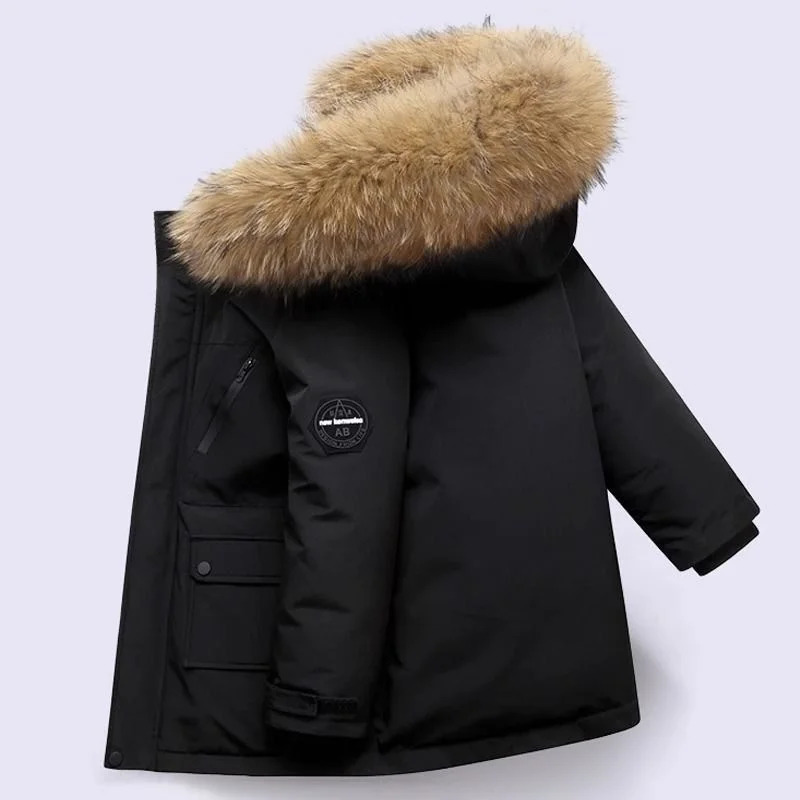 Childrens Down Cotton Jacket Boys Winter Thickened Large Fur Collar Coat 2024 Kids Warm Hooded Outerwear Teenager Clothing 241022