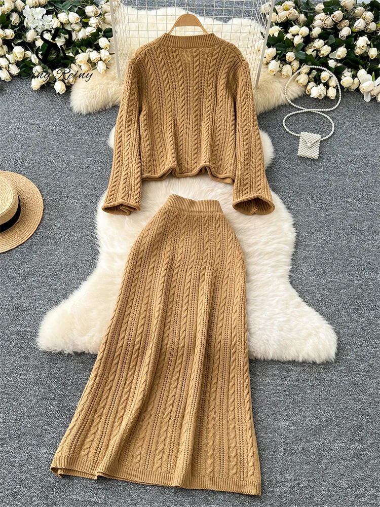 Singreiny American casual knit set womens long sleeved loose zipperelastic long thick warm sweater two-piece set 241023