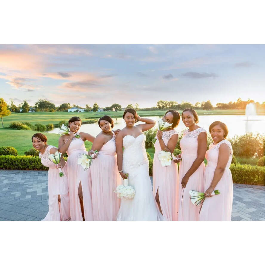 Long Cheap Summer Pink Bridesmaid Sleeveless Lace Chiffon A-E Maid Of The Honor Dresses With Split