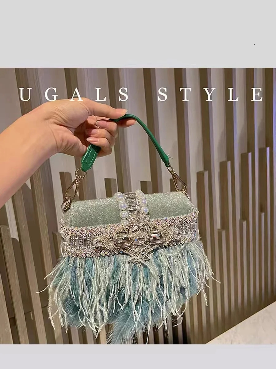 Ostrich Hair Velvet Bag Crystal Water Diamond Evening Bag Womens Handbag Wedding Party Clutch Wallet Cross Body Bag 241023