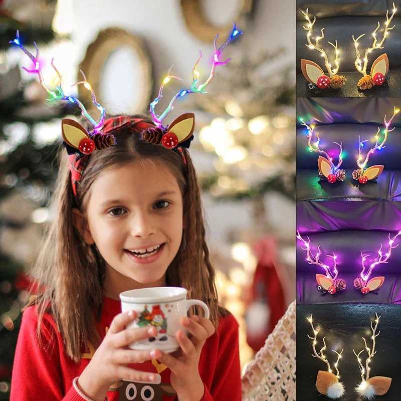 Colorful Light Antler Hair Clip Fashion Ears Christmas Hair Clip Accessories Antler Headband Headdress Headwear with LED LightX241021