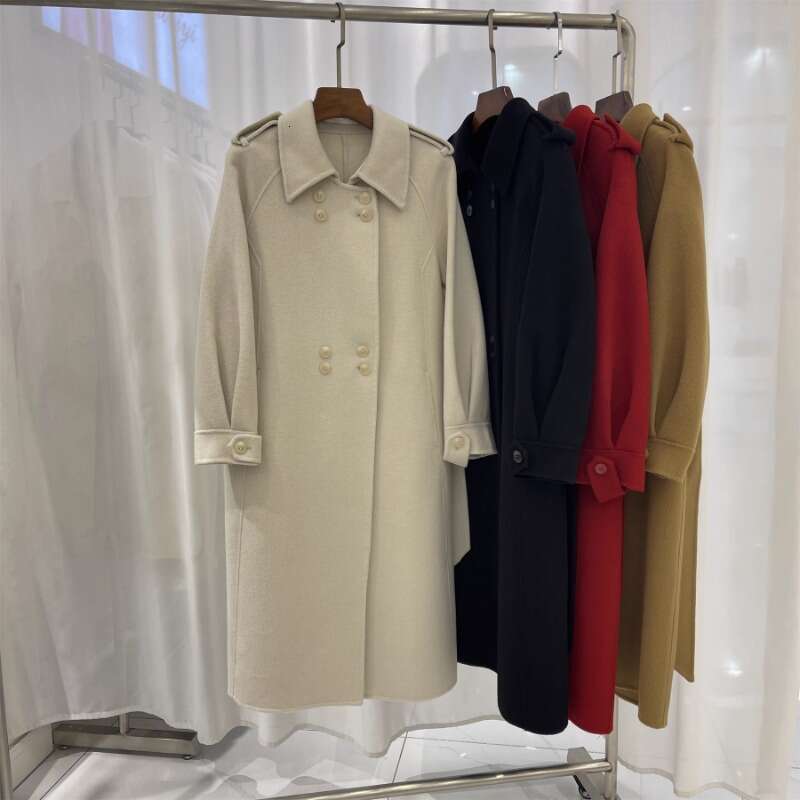 Rose Mid-Length Double-Sided Cashmere Female Double Breasted Elegant Lapel Woolen Autumn Winter Lace-Up Coat Women