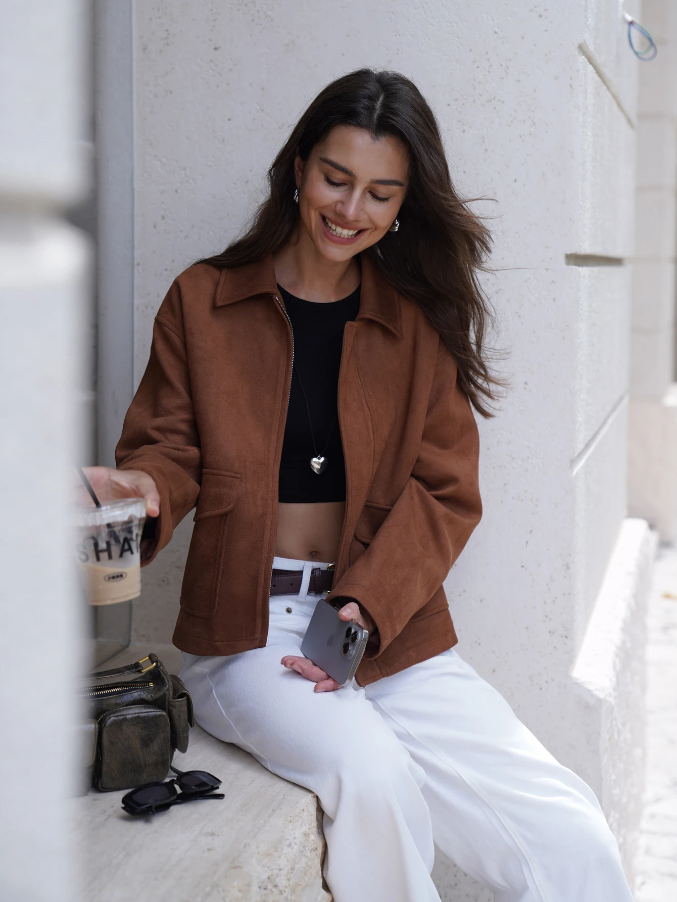 Autumn Womens Basic Short Velvet Pocket Jacket and Coat 241023