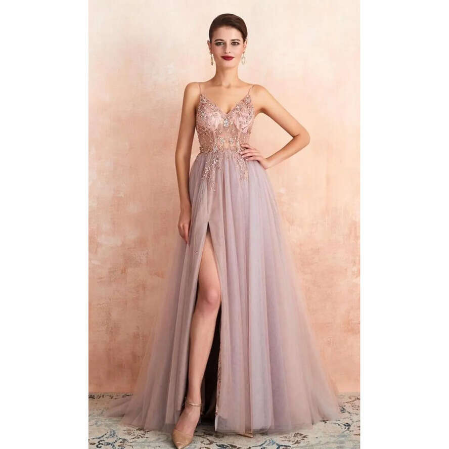 A E Tulle Modern Prom Dresses Sexy Spaghetti Straps Front Slit Long Evening Party Gowns Open Back Bridesmaids Wears Bc18028 vening