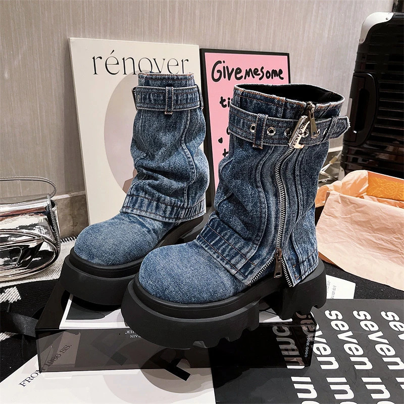 Platform Shoes Cowboy Boots for Women Round Toe Square Heel Mid Calf High Women Boots Punk Street Style Outdoor Denim Solid 241022