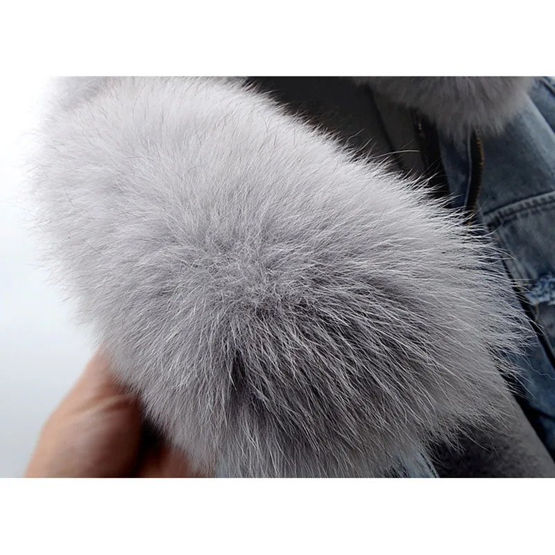 Fox Fur Collar Removable Rabbit Liner Denim Jacket Coat Women Outerwear Winter Loose Thick Warm Jeans Jackets Parka Female 241021