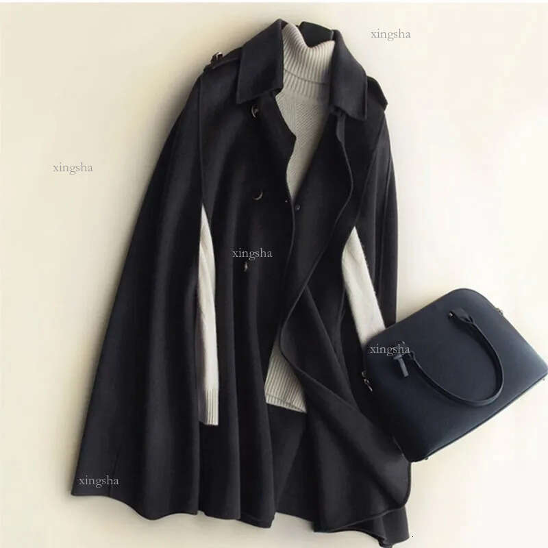 100% Wool Mid long bat cape women woolen coats spring loose double sided cashmere coat women's Cape fashion brown wool coat 201214