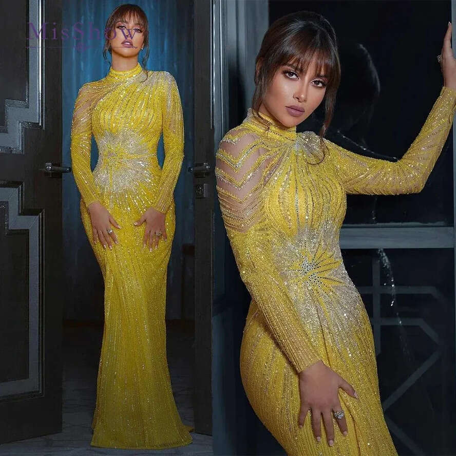 Muslim Elegant Yellow Mermaid Evening Dresses For Women Dubai Long Sleeves Beaded Arabic Formal Party Gowns Bc17007 mal
