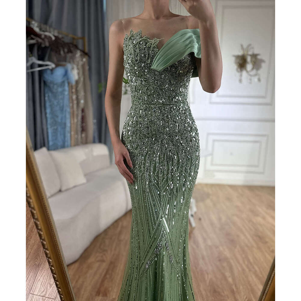 Serene Hill 2024 Arabic Green Mermaid Elegant One Shoulder Beaded Long Evening Dresses Gowns for Formal Ocn prom