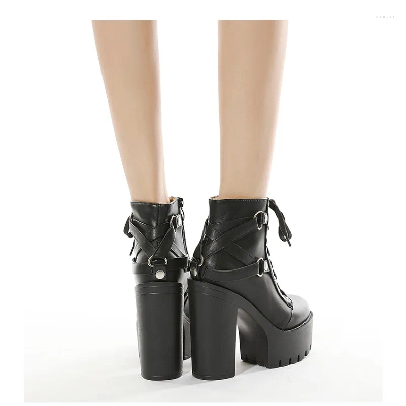 Boots 2024 Women's Black Gothic High Heel Ankle Sexy Chain Punk Style Patent Leather Platform Lace Up Motorcycle