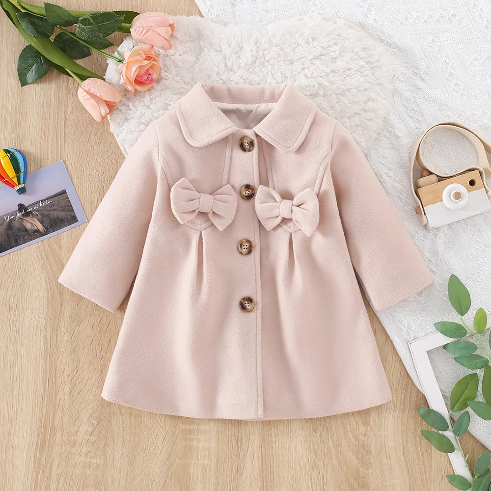 6 months -3 years old autumn and winter baby girl jacket beige bow childrens long sleeved dress 241022