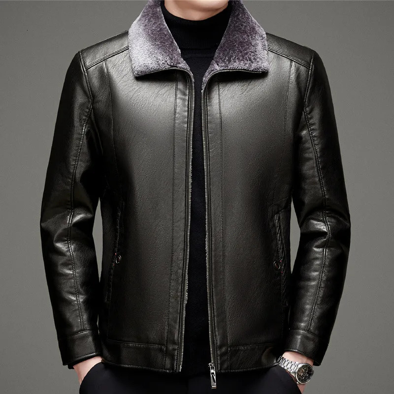 ZDT-8044 Winter Mens Genuine Leather Coat Plush Thick Casual Fur Integrated Collar Motorcycle Leather Jacket Coat 241023