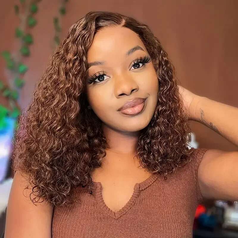 4# Chocolate Short Deep Wave 13x4 HD Transparent Pre-pluck Lace Front Human Hair Brazilian Colored Brown Bob Wig